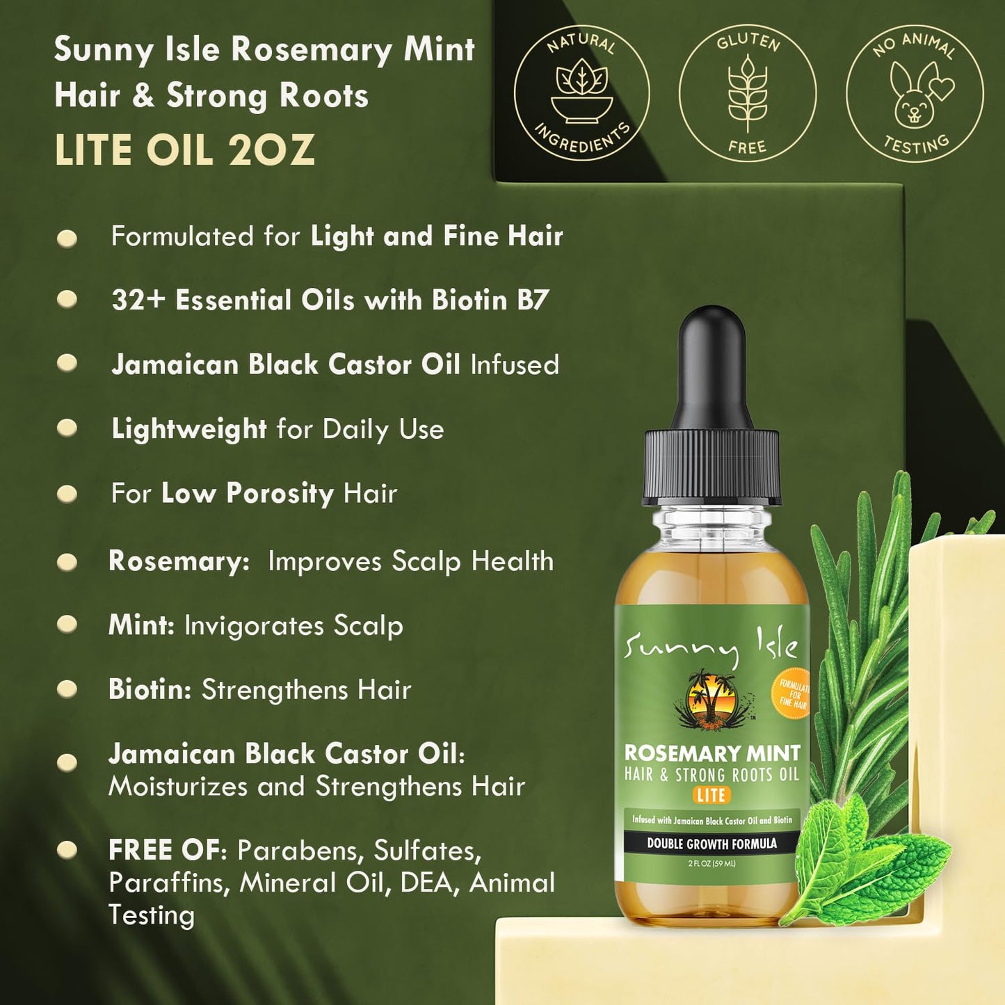 Sunny Isle Rosemary Mint Hair and Strong Roots Oil Lite 2oz | For Light, Thin Hair | Infused with Biotin & Jamaican Black Castor Oil | Nourish Hair Follicles | Dry Scalp, Split Ends