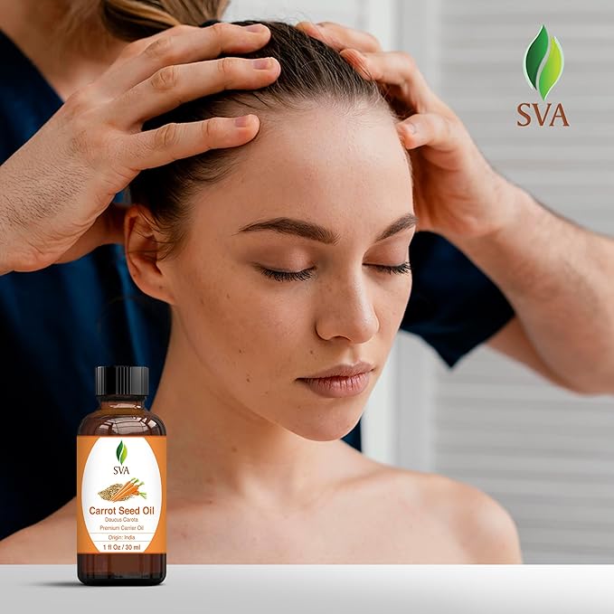 SVA Carrot Seed Oil - 1 Fl Oz – 100% Natural Cold Pressed Carrot Oil - for Face, Skin Care, Hair Care, Scalp Massage & Body Massage – Carrier Oil with Dropper