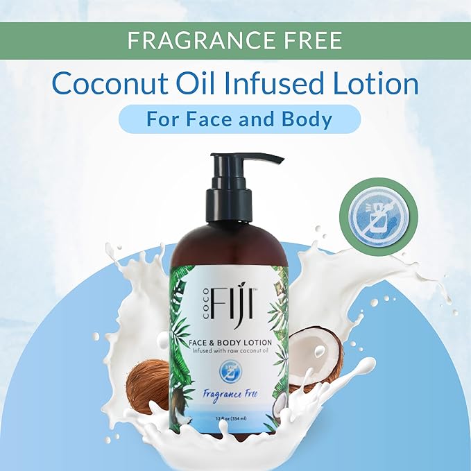 Coco Fiji Face & Body Lotion Infused With Coconut Oil | Lotion for Dry Skin | Moisturizer Face Cream & Massage Lotion for Women & Men | Fragrance Free 12 oz, Pack of 3