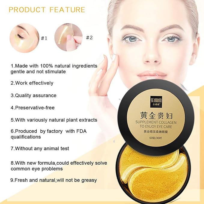 Under Eye Collagen Patch, 24K Gold Anti-Aging Mask, Pads for Puffy Eyes & Bags, Dark Circles and Wrinkles, with Hyaluronic Acid, Hydrogel, Deep Moisturizing Improves elasticity, 30 Pairs