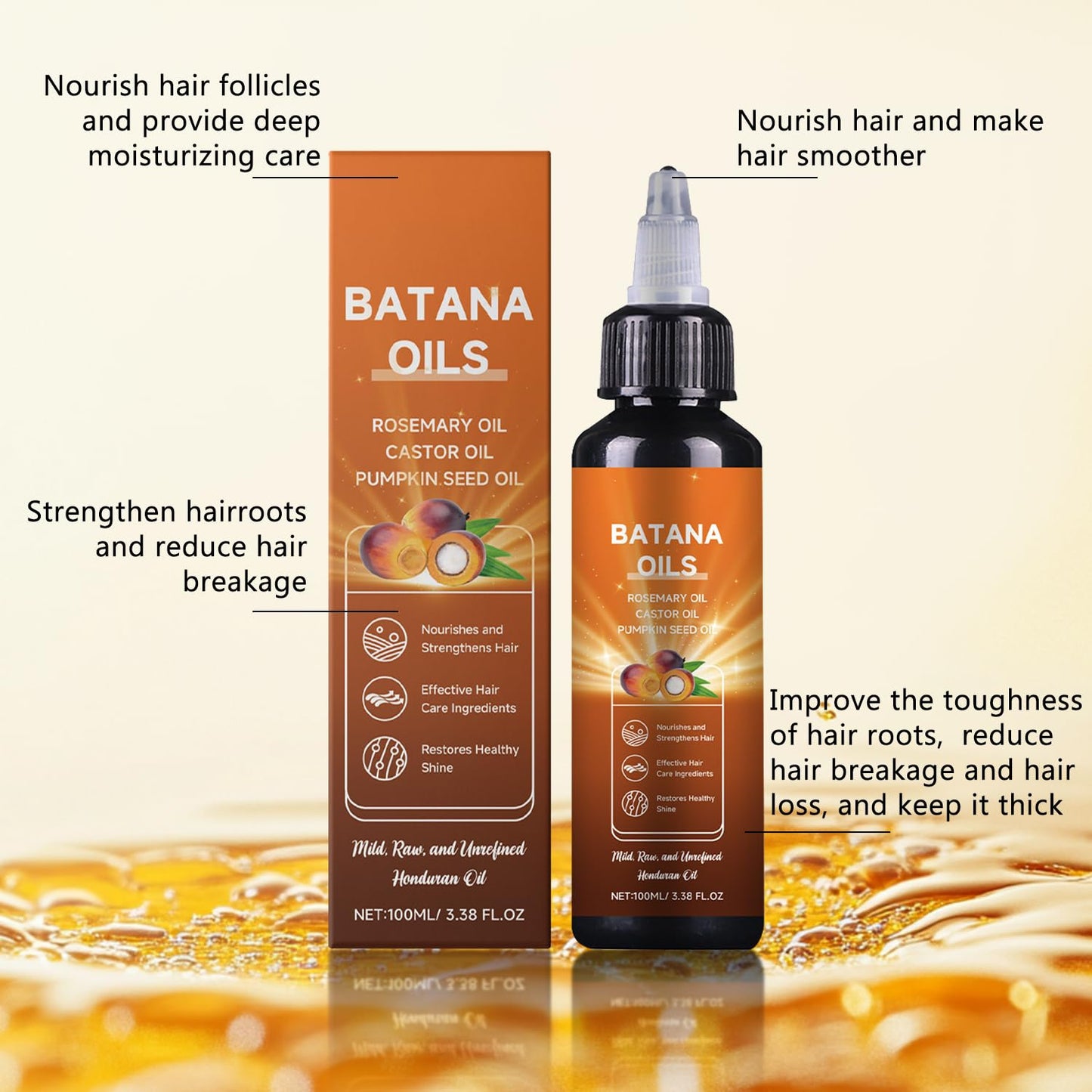 Batana Oil for Hair, 4-in-1 Liquid Batana Oil, with Rosemary, Pumpkin Seed Oil, Castor Oil, for Men and Women, Prevents Dry Hair & Hair Loss for All Hair Types (1Pcs)