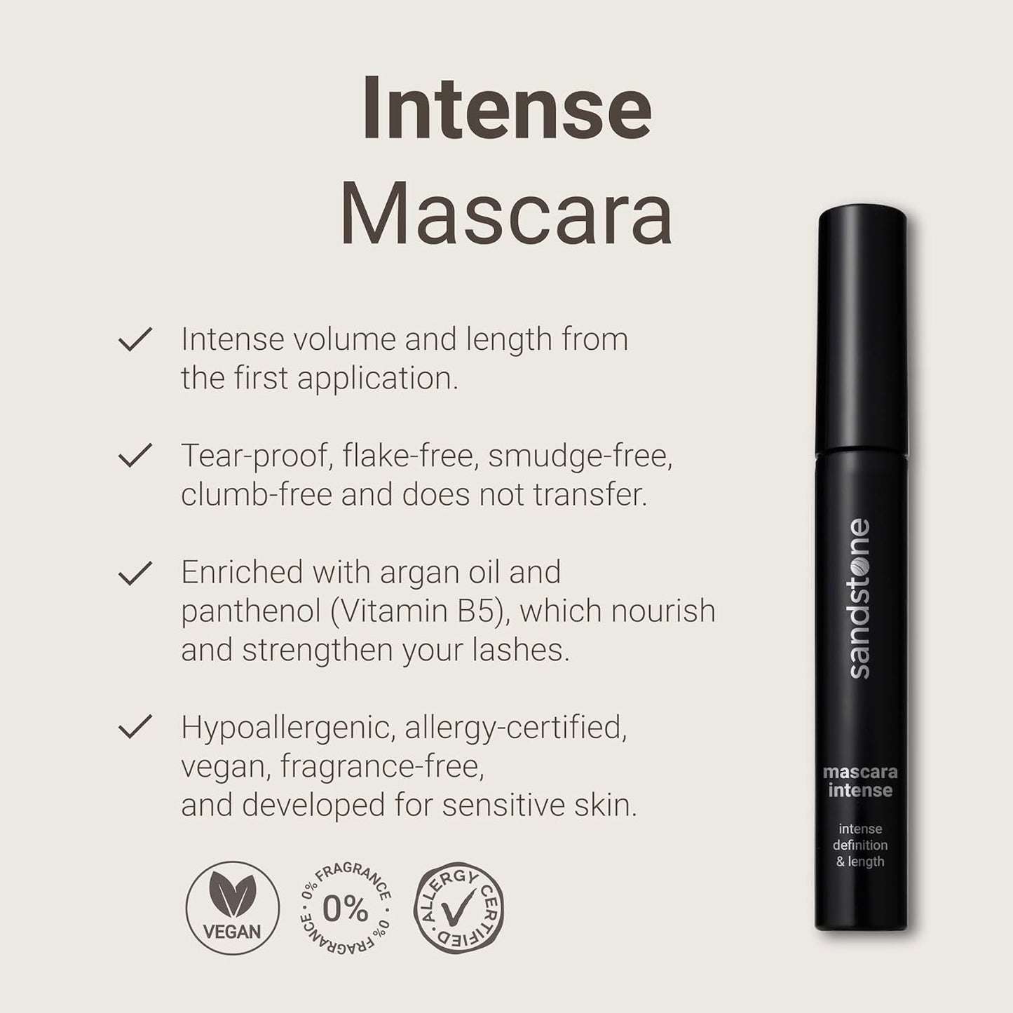 Sandstone Scandinavia Hypoallergenic Mascara Sensitive Eyes - Smudge-Proof, Sweatproof and Lengthening with amazing separation of the lashes - Vegan and Non Toxic (Black, 9 ml)
