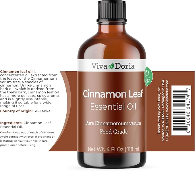 Viva Doria Cinnamon Leaf Essential Oil, 100% Pure, Natural Cinnamon Essential Oil, Undiluted, for Aromatherapy | Food Grade, 118 mL (4 Fluid Ounce)