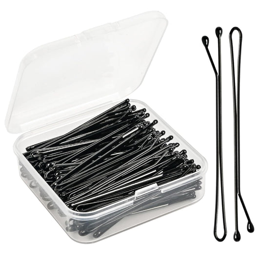 2.2 Inch Black Hair Bobby Pins Metal Clips Flat Straight Ball Tips Non-slip Decorative Long Short Women Girls Nickel Free Hairdressing Wedding Accessories with Case 100 PCS