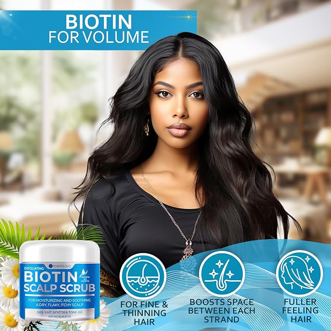 Biotin Scalp Scrub - Exfoliator Treatment for Dry Hair and Itchy, Flaky Scalps - Intense Moisturizer and Detox Cleanser for Build Up Relief - Anti Dandruff Mask with Tea Tree Oil for Women and Men
