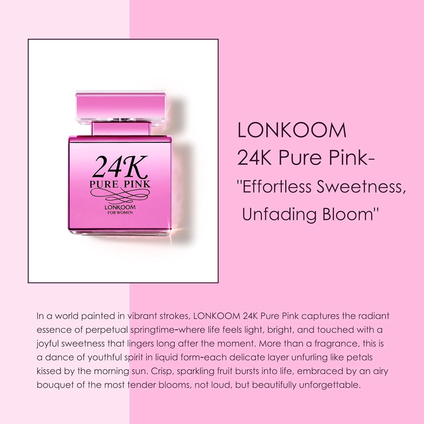 Lonkoom 24K Pure Pink Perfume for Women, Sweet Floral Fruity Perfumes Eau de Parfum Spray Long-Lasting Fragrance, 3.4 Fl Oz/100ml
