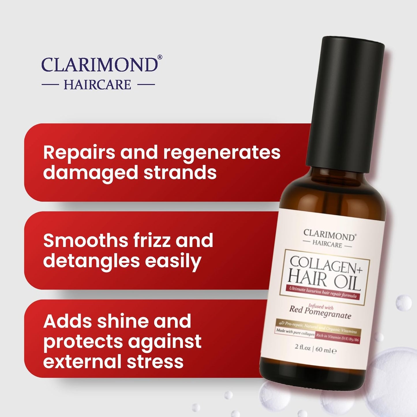 CLARIMOND Collagen Booster Hair & Skin Oil | Vitamin E Hair Oil with Collagen for Women | Growth Serum with Vitamins for Curly, Thick, or Fine Texture | Paraben & Sulfate Free | Natural Ingredients