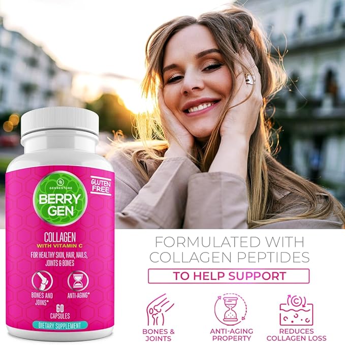 Collagen Peptides Supplement with Vitamin C, Biotin, and Hyaluronic Acid - 60 Capsules - Natural Formula - Supports Joints, Hair, Skin, and Nails - Made in The USA