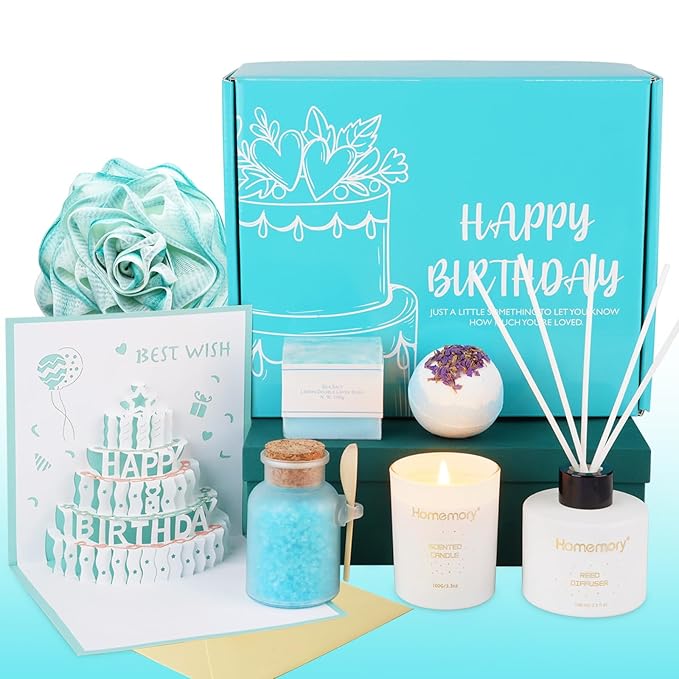 Homemory Gift Women Birthday Bath Sets Body Self Care, Best Spa Basket Christmas Scented Candle & Reed Diffuser Kit Mom Friends Sister With 3D Card (Blue)