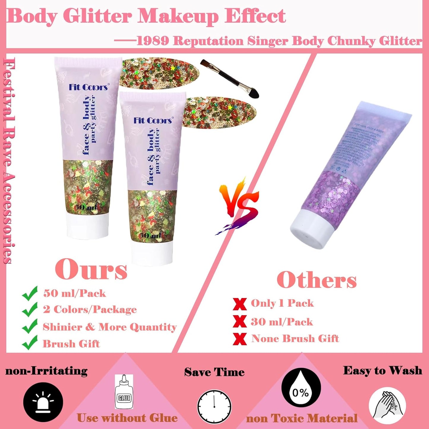 Body Glitter Face Glitter Gel: Singer Concerts Disco Festival Rave Accessories Face Glitter Makeup 150ml Chunky Sequins Mermaid Face Body Hair Glitter Gel (2 Mixed Colors)