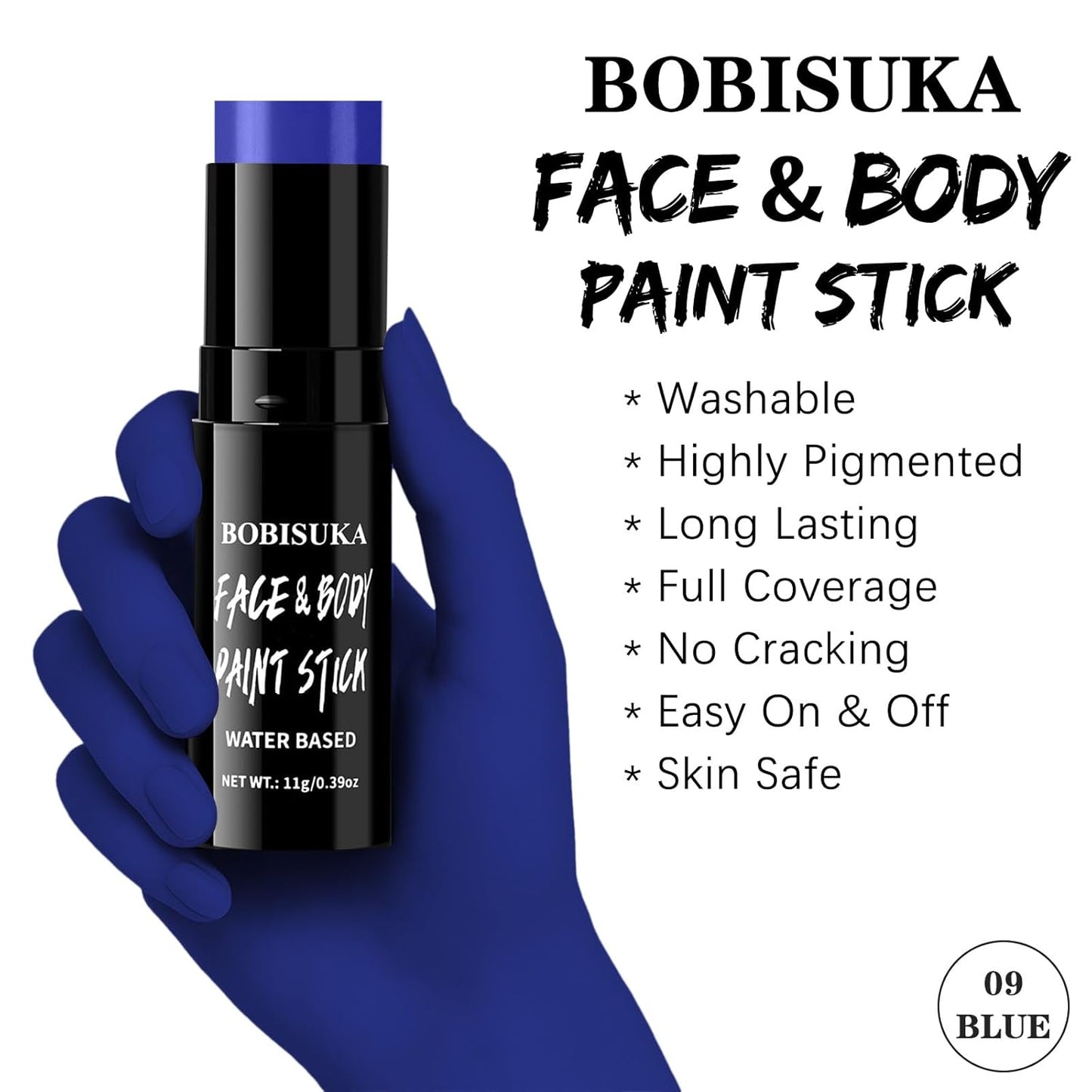 BOBISUKA Blue Face & Body Paint Stick Water-Based Washable Face Paint Makeup Stick for Halloween Avatar Smurf Mystique Skeleton Skull Clown, Cosplay, SFX, Sports Eye Black & Costume Party