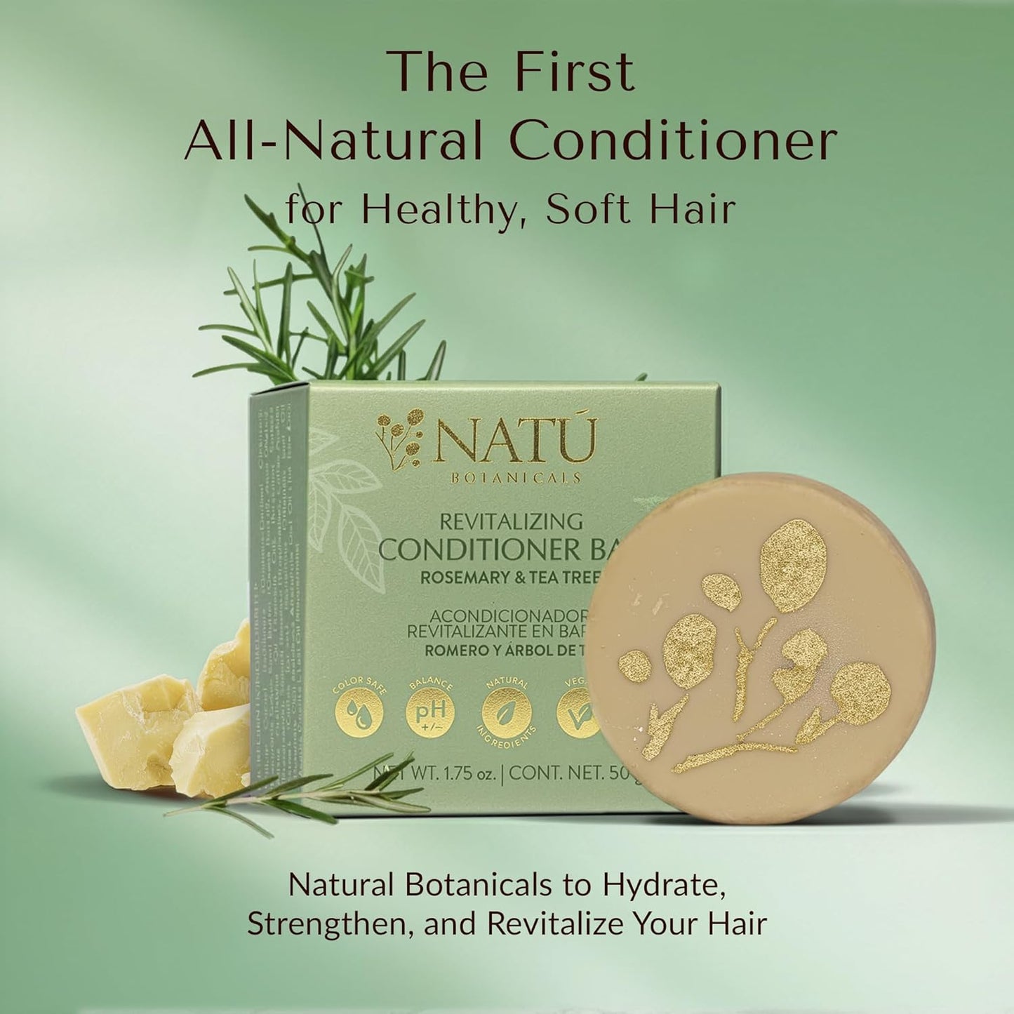 NATÚ BOTANICALS Revitalizing Hair Conditioner Bar – Rosemary & Tea Tree - Hydrating Conditioner for Dry & Frizzy Hair - Deeply Nourishes & Detangles - Supports Healthy Hair Growth - Zero-Waste