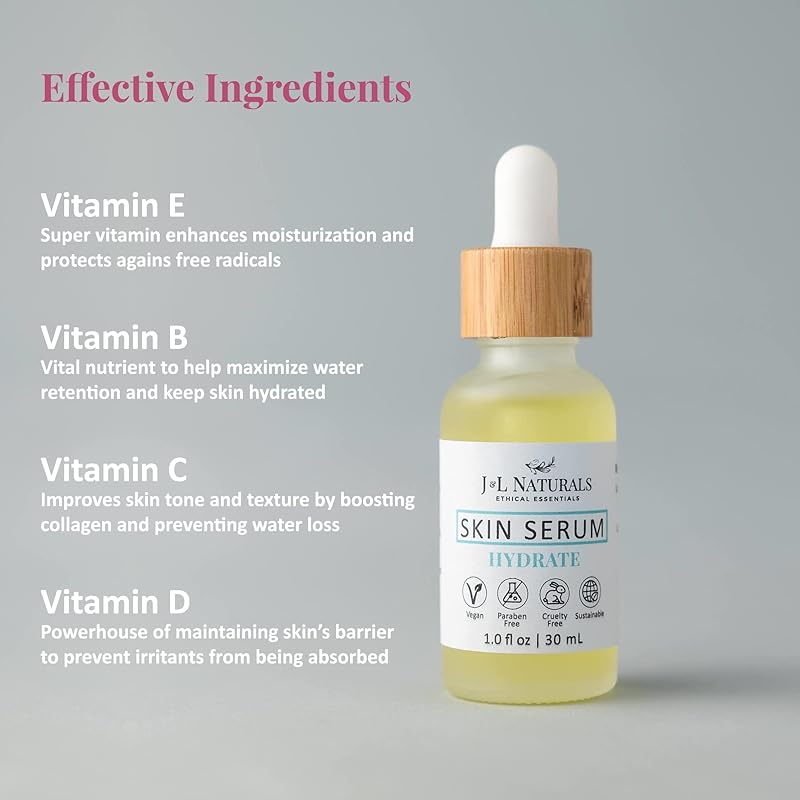 J&L Naturals | Face & Body Oil for Oily, Sensitive, Dry, Combination, Mature, & Dull Skin Types | With Jojoba Oil, Grapeseed Oil, Sunflower Oil, & More (1 Fl Oz (Pack of 5), Hydrate (dry))