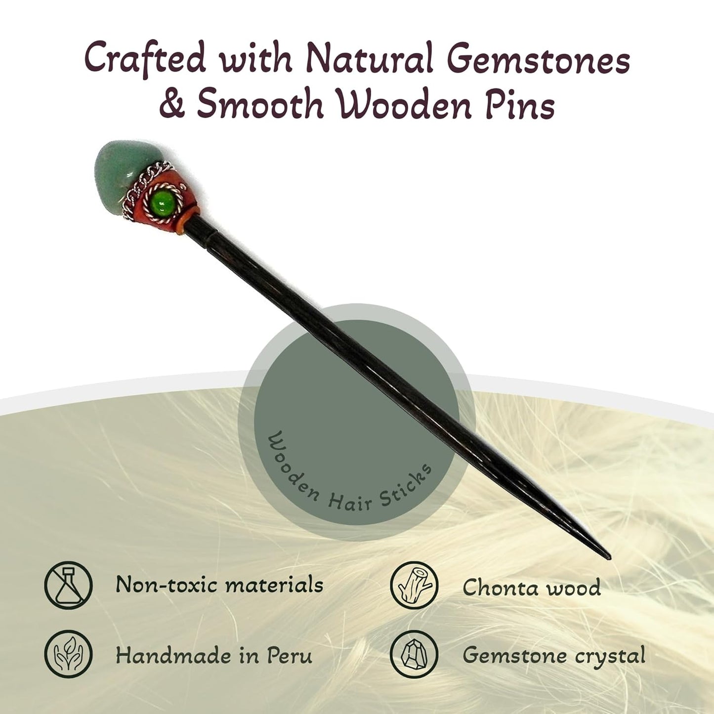 Mia Jewel Shop - Natural Tumbled Healing Gemstone Crystal Chonta Wooden Hair Sticks – Handmade Hair Sticks for Women | Hair Pins Boho Reiki Accessories, Fashion Gifts (Green Aventurine)