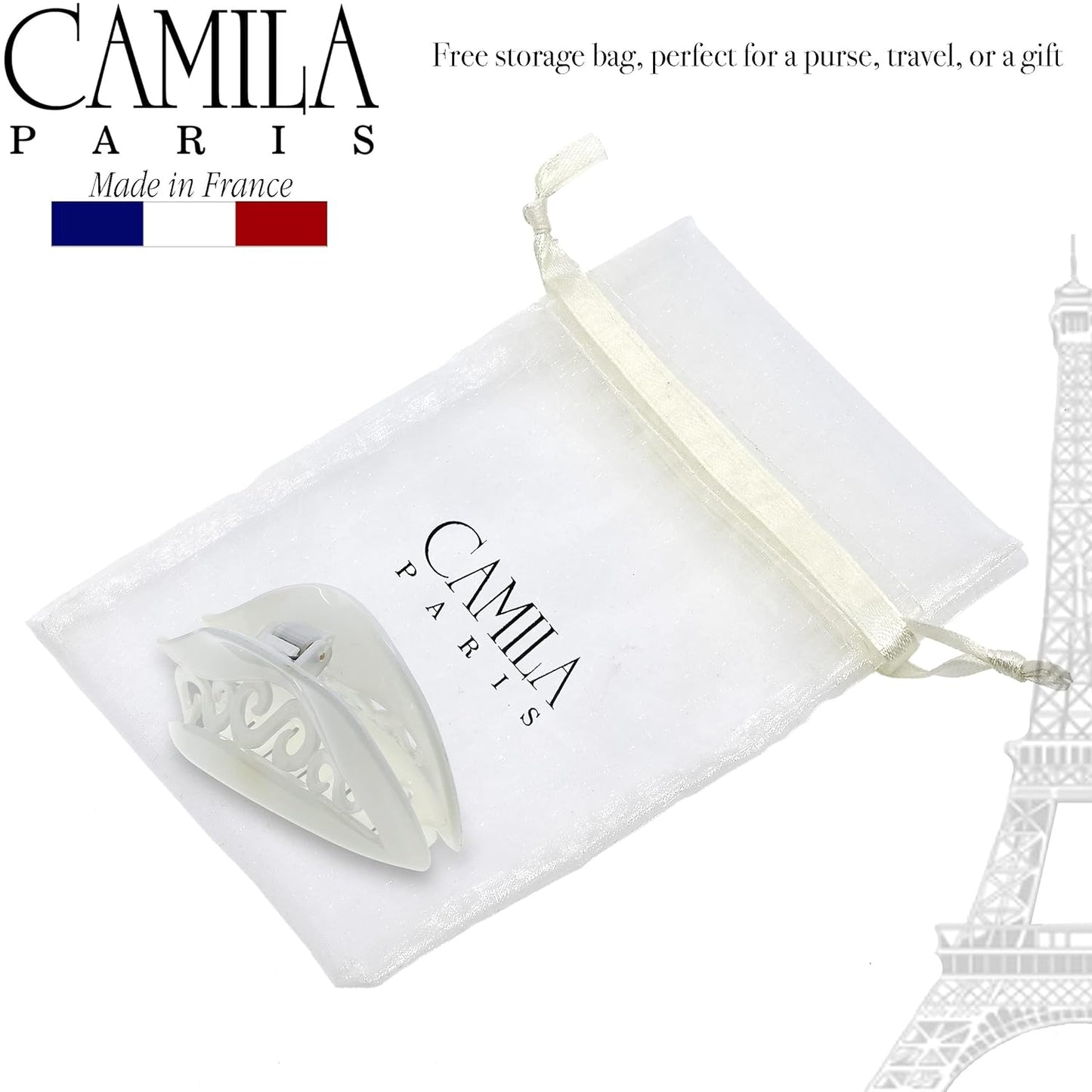 Camila Paris CP3213 French Hair Clip for Women for Thick Hair for Long Curly Wavy Hair, White, Girls Hair Claw Clips Jaw, Styling Big Claw Clip for Thick Hair, Strong Hold No Slip Grip, Made in France