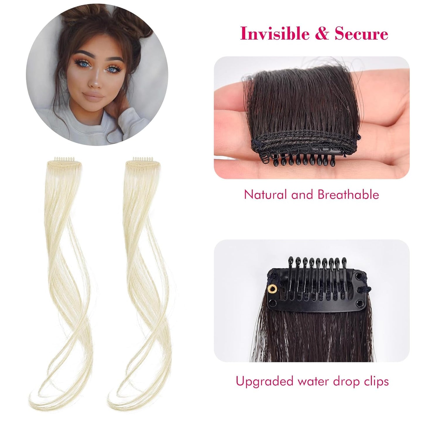 REECHO Side Air Bangs, 12 inch Long Wavy Curly Clip in Bangs Front Side Bangs for Women Daily Use 2 PCS Set Long Temples (Bleach Blonde)