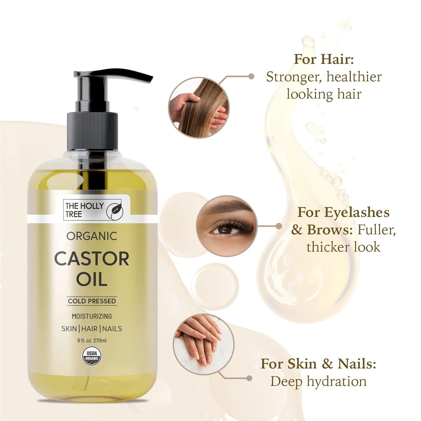 Organic Castor Oil - Cold Pressed 9 fl oz - 100% Pure & Hexane Free - Castor Oil for Hair Growth - Moisturizing & Nourishing - for Face & Body