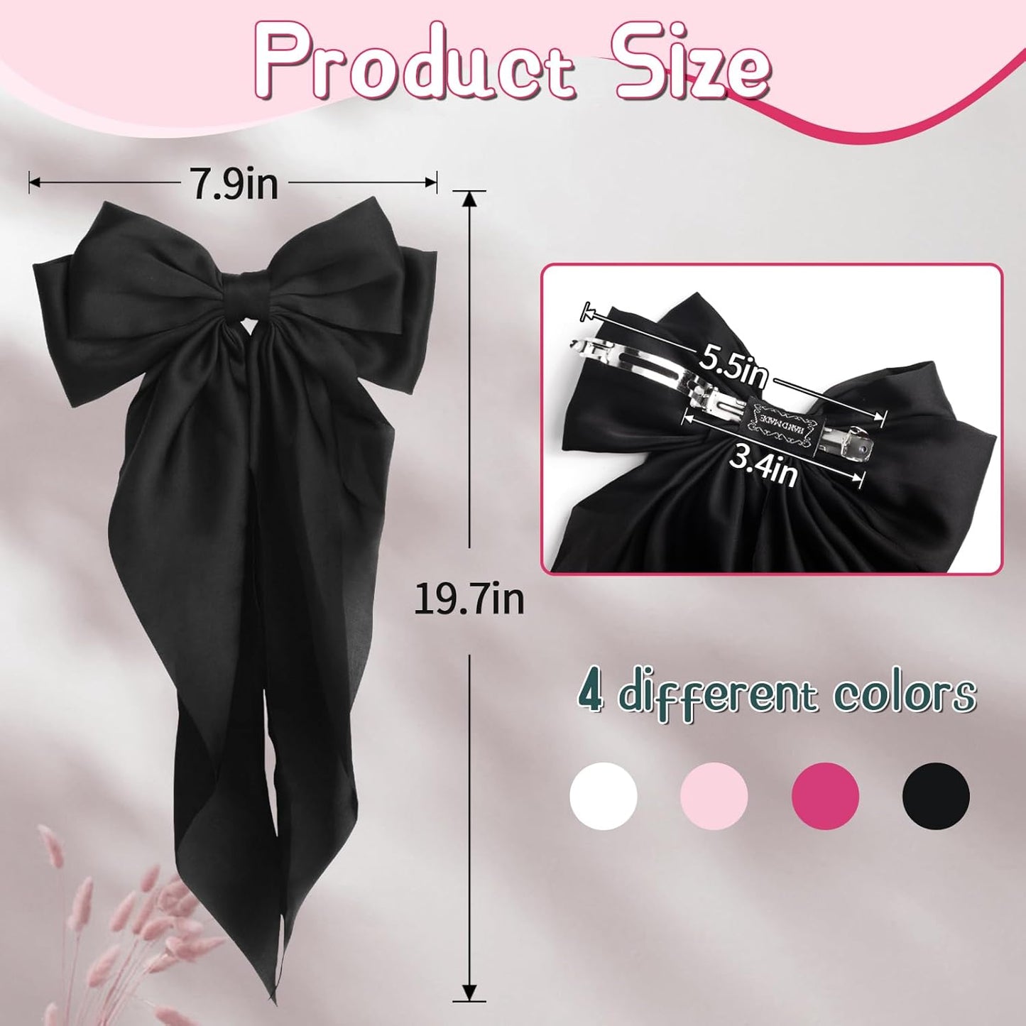 Silky Satin Hair Bows for Women Girls - 4PCS Ribbon Bows for Hair, Big Bow Hair Clips with Long Tail, Barrettes - Cute Hair Accessories Gifts (Hot Pink, Pink, White, Black)