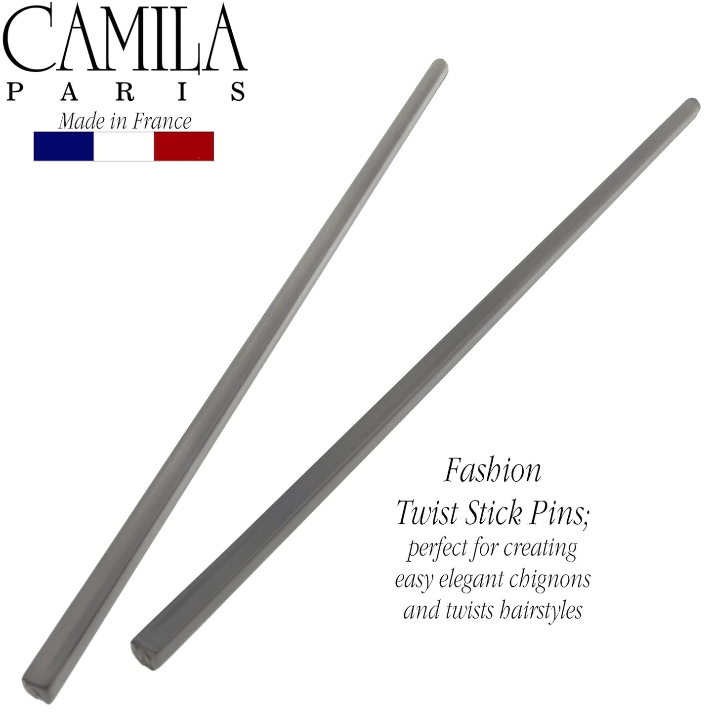 Camila Paris CP3381 French Twist Stick Hair Pin, Set of 2 Gray, Girls Chopsticks Hair Pins for Girls Spiral Updo Chignon Bun Holder, Styling Hair Accessories for Women, Made in France