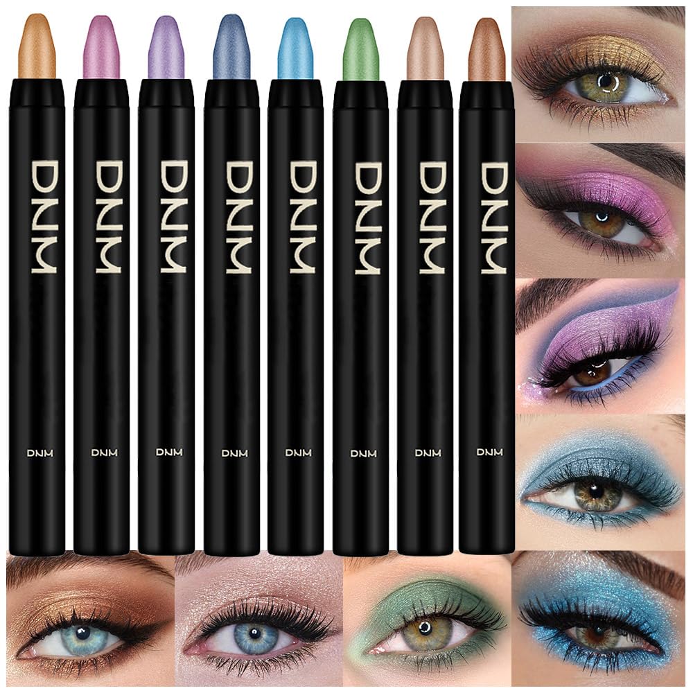 8Pcs Cream Eye Shadow Brightener Sticks Set for Eyes, Desert Mocha Beige Gold Light Purple Pink Sky Dazzling Blue Geen, Halloween Makeup, Matte Shimmer Eye Shadow Pencil Pen Crayon Waterproof 02