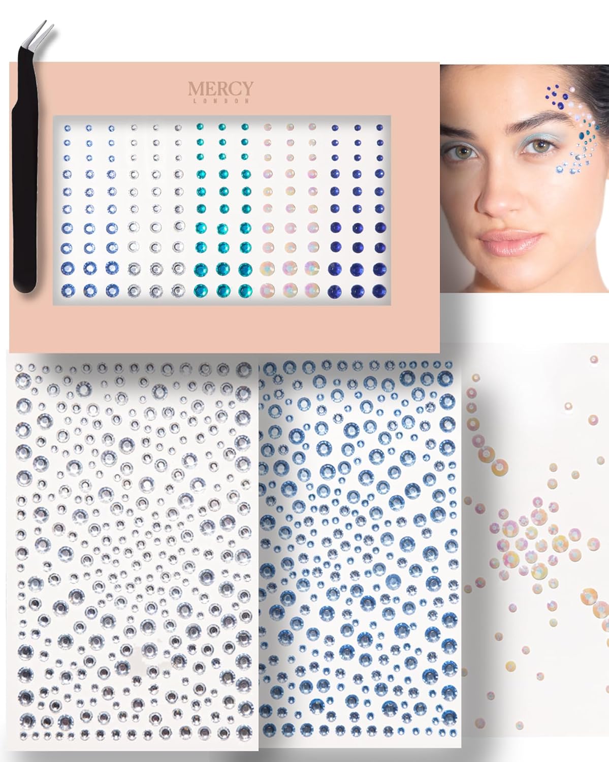 MERCY LONDON Face Gems in Mermaid, 866 Self Adhesive Rhinestone Stickers for Face, Eye, Makeup, Body, DIY Face Gems