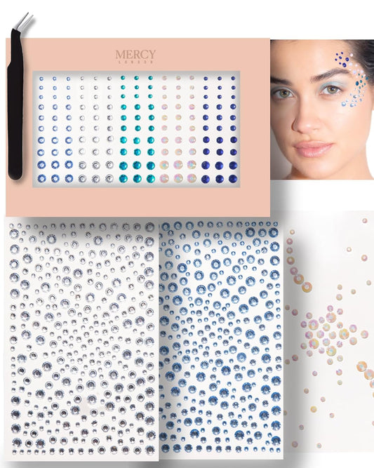 MERCY LONDON Face Gems in Mermaid, 866 Self Adhesive Rhinestone Stickers for Face, Eye, Makeup, Body, DIY Face Gems