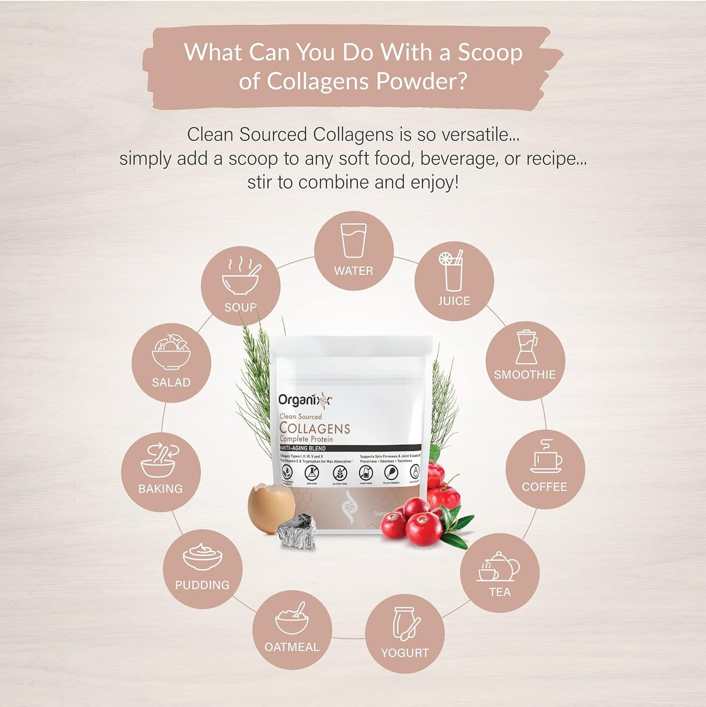 Organixx Collagen Peptides Powder with Vitamin C, Types I, II, III, V, X Hydrolyzed Collagen, Hair, Nail, Skin, Bone & Joint Health, Aging Support, Clean Sourced, Gluten Free, Unflavored, 15 Servings