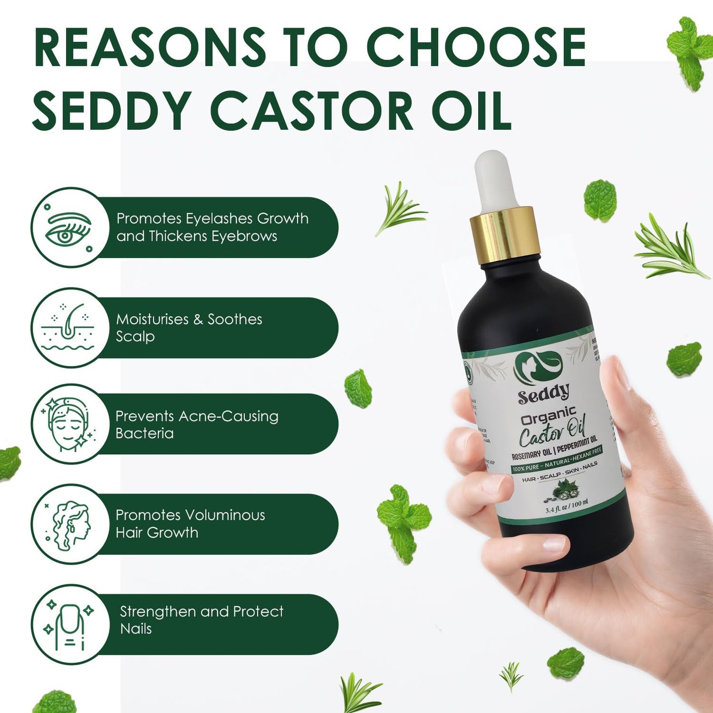 Seddy Organic Castor Oil with Rosemary & Peppermint in Dark Glass Bottle - Cold Pressed | Hexane-Free | Scalp, Hair, Eyelashes, Eyebrows, Skin, & Nails | Hair Treatment Oil - 3.4 Fl. Oz