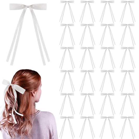 24 PCS Hair Bows Clips Ribbon,Mini Satin Hair Bows With Long Tail for Women and Girls Hairstyle Accessory Gift (Beige)