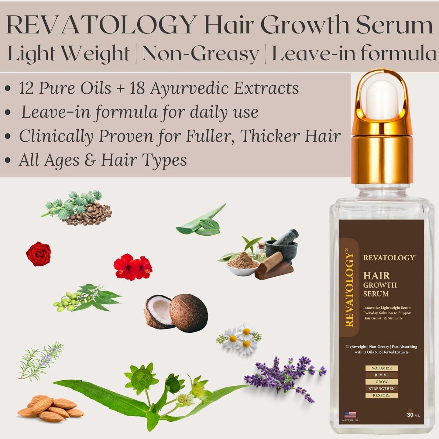 REVATOLOGY Hair Growth Serum and Leave-in Conditioner for Adults (Made in USA) Daily Use Formula 30 Oils and Herbal extracts Boosts Regrowth & Strengthens Roots | Cruelty & Chemical Free