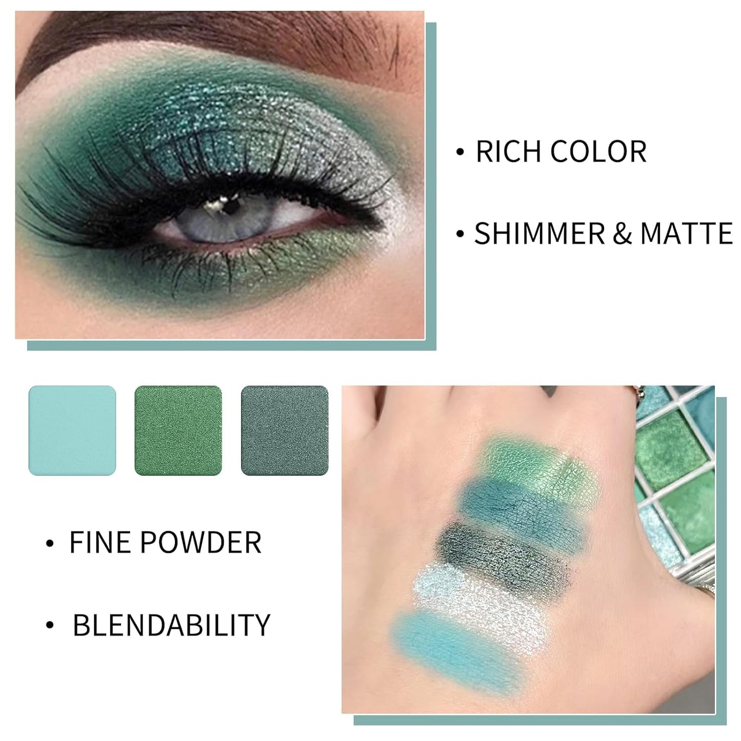 Erinde Matte Shimmer Light Deep Green Eye Shadow Palette Makeup Eyeshadow, Long Lasting Waterproof Cruelty-Free, 9 Blendable Shades Smooth Finishes Powder with Gorgeous Pearls for Girls