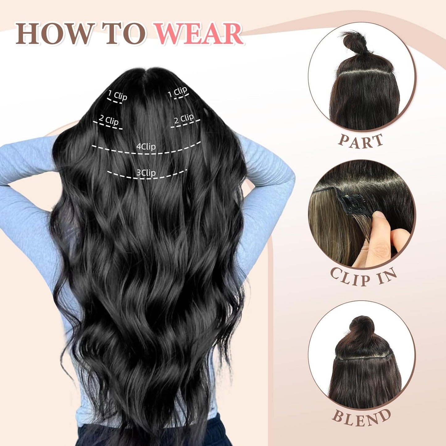 Synthetic Clip in Hair Extensions, 6 PCS 1 6 Inch Hair Extensions Clip Ins, Black Long Wavy Hairpieces(16inch, 6pcs, Black)