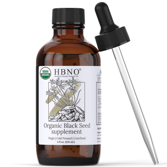 HBNO Organic Black Seed Oil - Huge 4oz (120ml) Glass Bottle Value Size - USDA Certified Organic Black Seed Oil, Cold Pressed for Face, Body, Lips, Shampoo & Conditioner
