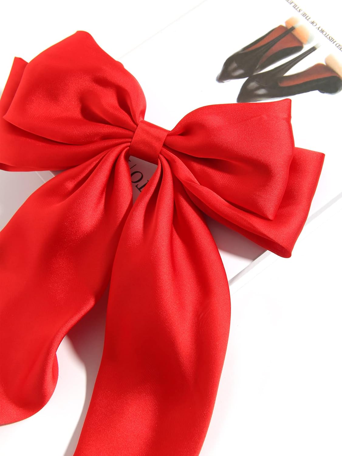 SUSULU Large Hair Bow Clips for Women Red Hair Bow White Hair Bow Slides for Girls Satin Hair Barrettes with Long Ribbon Tail,Wedding Birthday Women Hair Accessories Pack of 2