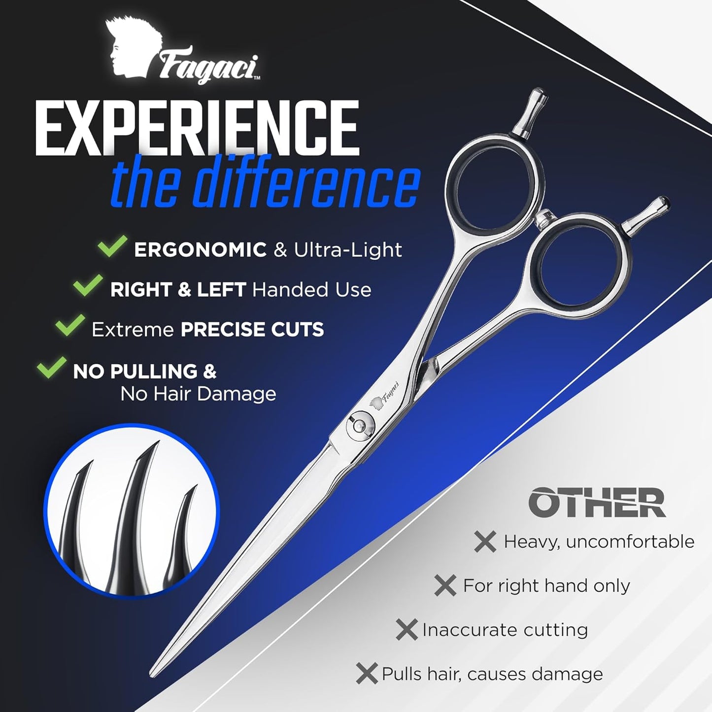 Fagaci Professional Hair Cutting Scissors 6” Super Sharp Thin Blades, 440C Steel for Maximum Precision, Lightweight Hair Shears for Women & Men
