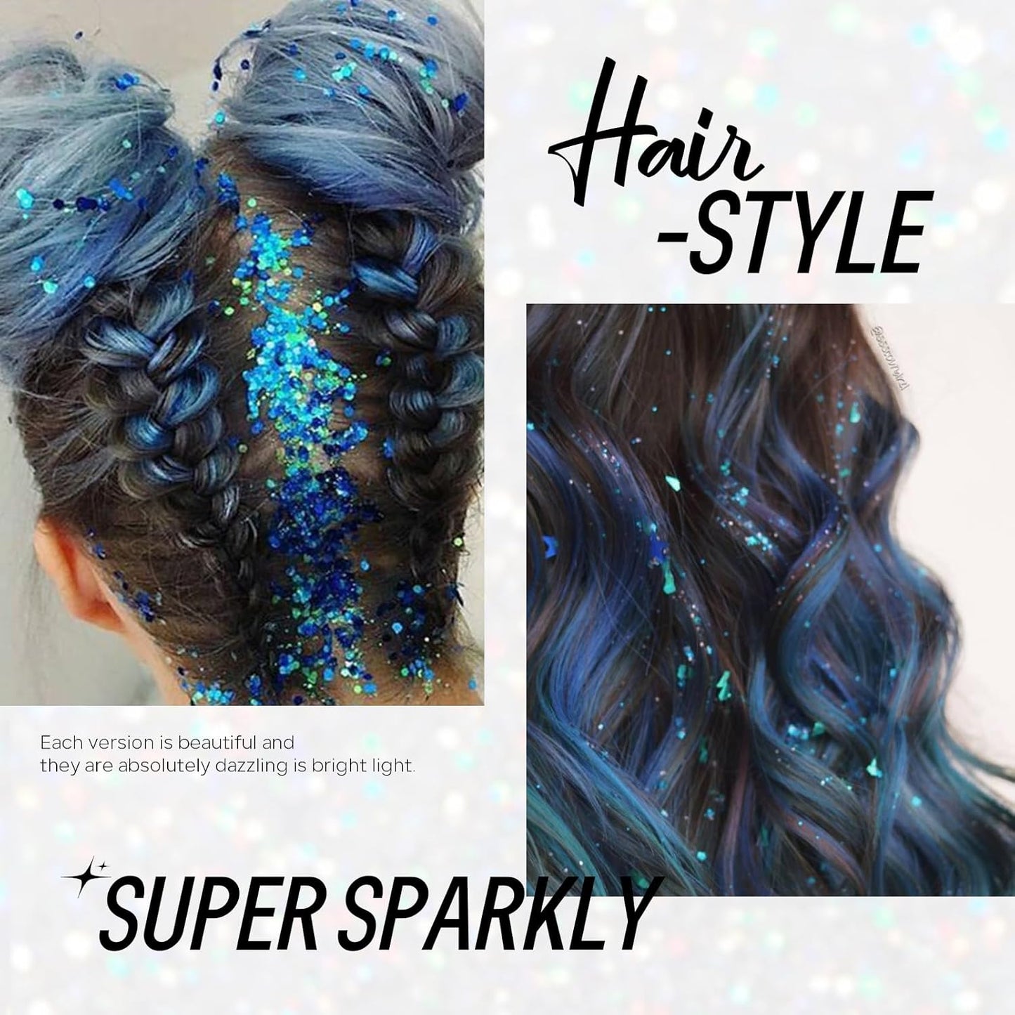 Blue Face and Body Hair Glitter Gel, Party Concerts Cheer Face Paint Holographic Chunky Festival Rave Accessories Glitter Makeup, 6 Kinds of Sparkling Sequins for Hair Nail Eye Lip Body