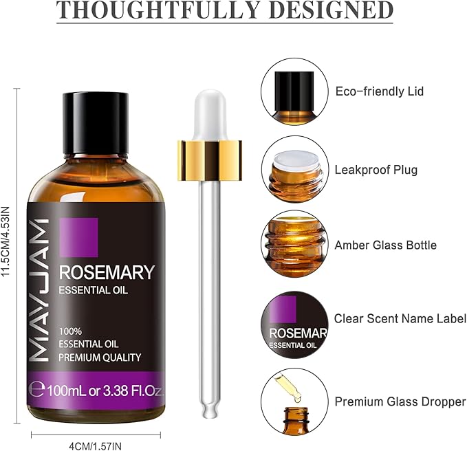 Rosemary Essential Oil with Dropper, MAYJAM Pure Rosemary Oil Aromatherapy Oils for Humidifier and Diffusers, 3.38FL.OZ