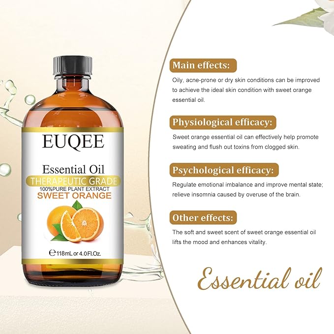 Sweet Orange Essential Oil 118mL Pure Sweet Orange Oil Premium Fragrance Essential Oil with Glass Dropper for Diffuser, Soap & Candle Making - 4Fl. Oz