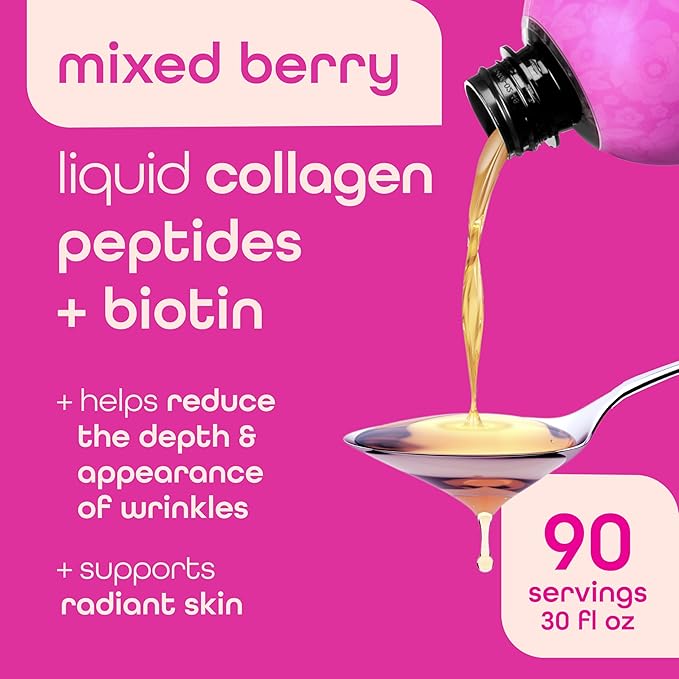 Liquid Collagen Peptides and Biotin, 2500mg Verisol Bioactive Collagen Peptides, 5000mcg Biotin, Hair, Skin, Nail Supplement for Women and Men, Mixed Berry, 90 Servings, 30 fl oz