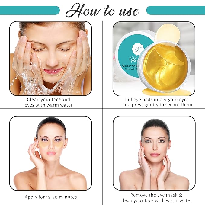 24K Gold Under Eye Patches For Wrinkles- Gold Eye Patches for Puffy Eyes - Dark Circles Under Eye Treatment - Anti-aging Golden Eye Mask with Hyaluronic Acid Vitamin D and E. 60 Eye Masks