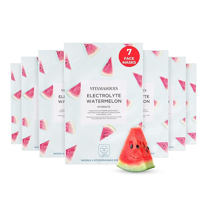 Vitamasques Electrolyte Watermelon Face Sheet Mask, 7 Pack, Boosts Skin Elasticity, Hydrating, Moisturizing, Plant-Based, Vegan-friendly
