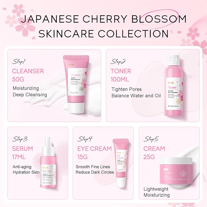 Skincare Set Japan Sakura Skin Care Set - Skincare Kits Gifts for Teen Girls, Travel Kit for Women Skin Care Routine Kit: Cleanser, Toner, Serum, Eye Cream, Face Cream, Beauty Christmas Gifts Set