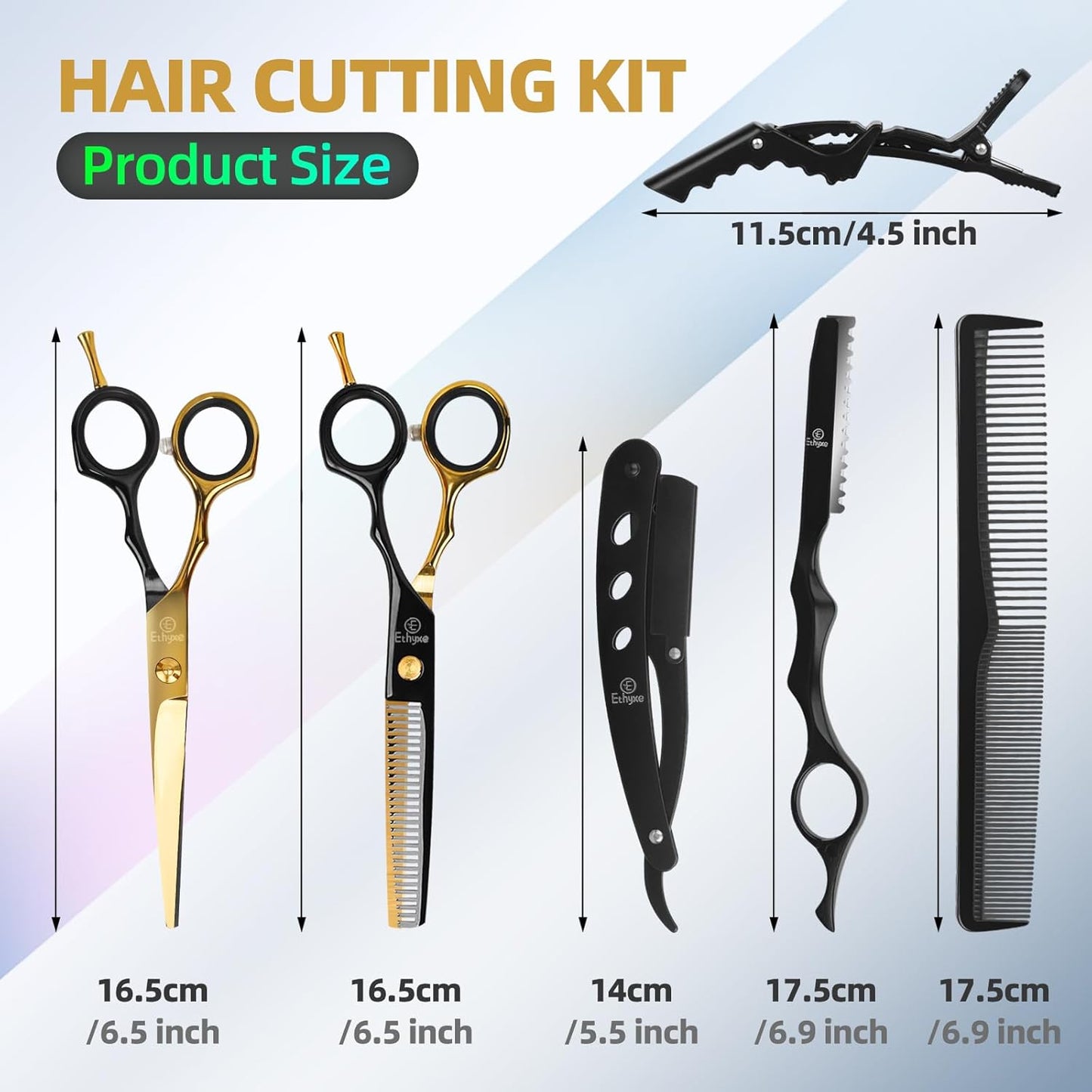 Hair Cutting Scissors Kit - 9 PCS Professional Haircut Scissors Set with Stainless Steel Straight and Thinning Shears for Home, Salon, and Barber Use (Black & Gold)