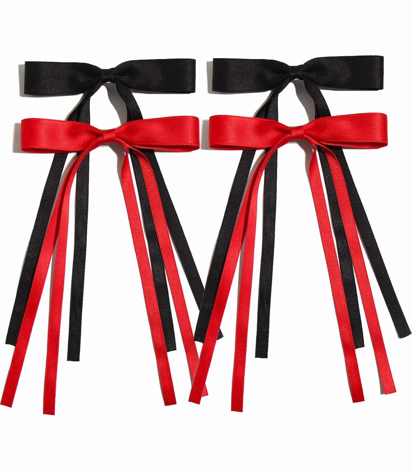 4pcs Ribbon Bowknot Hair Clips for Women with Long Tails, Solid Barrettes Claw Accessories in Black Red