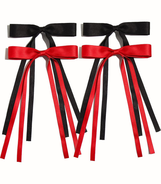4pcs Ribbon Bowknot Hair Clips for Women with Long Tails, Solid Barrettes Claw Accessories in Black Red