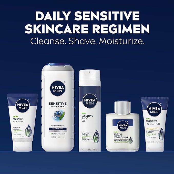 NIVEA MEN Sensitive Skin Care Set for Men, Face Wash, 5 Fl Oz + Body Wash, 16.9 Fl Oz + Shave Gel, 7 Oz + Soothing Post Shave Balm, 3.3 Fl Oz + Face Lotion SPF 15, 2.5 Fl Oz