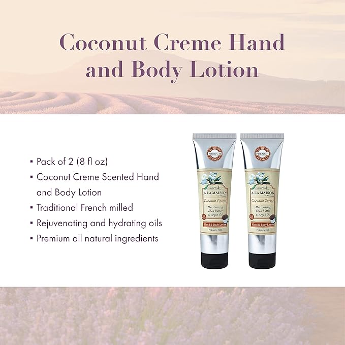 A LA MAISON Moisturizing Lotion, Coconut Creme - Uses: Hand and Body, Argan Oil, Pure Shea Butter, Essential Oils, Plant Based, Cruelty-Free, SLS and Paraben Free