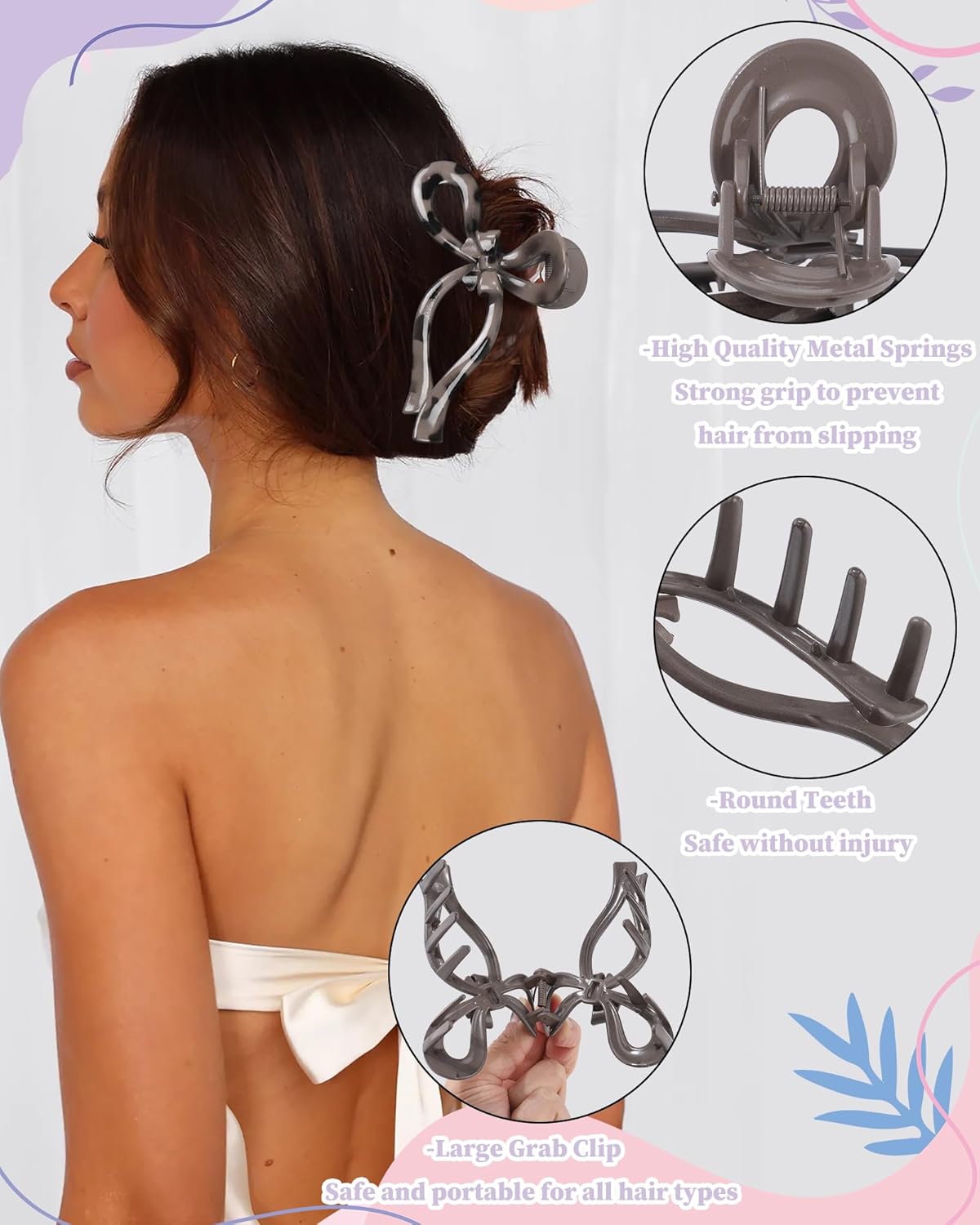 4 PCS Bow Hair Clips Bow Claw Clip for Women Nonslip Large Hair Claw Clips for Thin and Thick Hair Strong Hold Hair Bows (Black+Leopard Print)