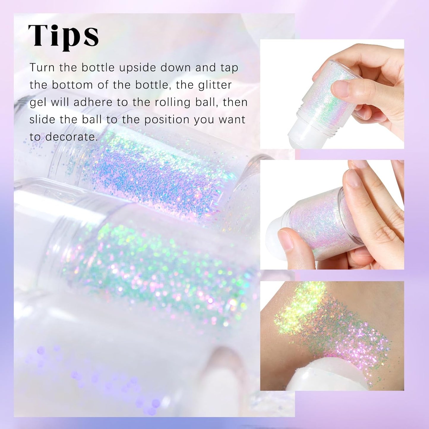 2 Colors Roll-on Body Glitter Gel, Holographic Glitter Gel Under Light for Face Hair, Body Shimmer for Rave Accessories Christmas New Year Halloween Makeup (9+10)