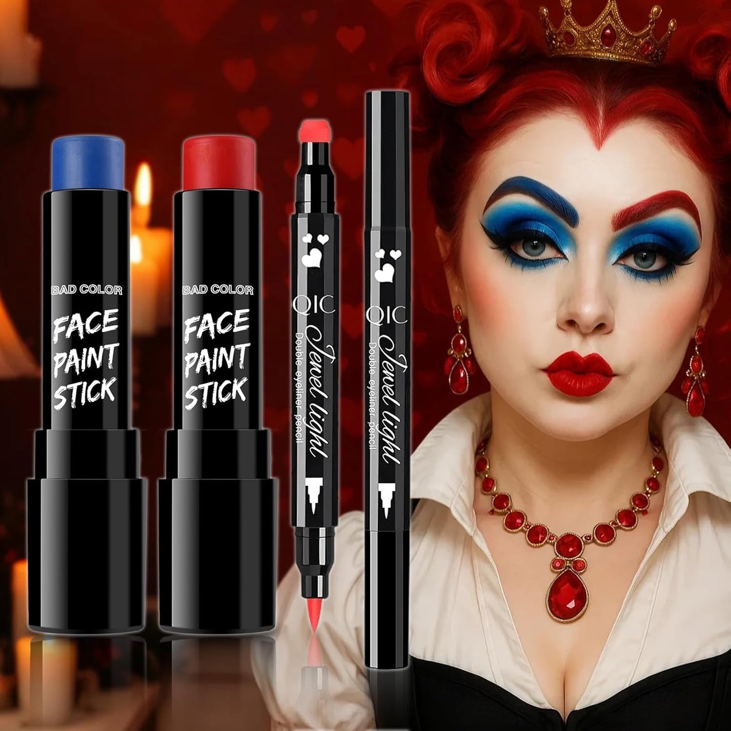 BAD COLOR 3PCS Red Blue Face Body Paint Stick Makeup for Harley/Joker SFX Cosplay & Dress Up, Red Liquid Eyeliner Stamp Pen for Clown Costume Cosplay